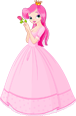 Cartoon princess in pink dress holding a flower