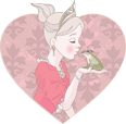Cartoon princess holding a frog in a heart-shaped frame