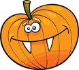 A cartoon pumpkin with a smiling face and sharp teeth on a black background.