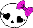 A white cartoon skull with heart-shaped eyes and a pink bow on the right side.