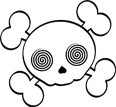 Stylized white skull with spiral eyes and crossbones