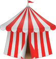 A red and white striped tent with a flag on top