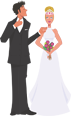 Illustration of a bride in white dress holding flowers and a groom in a black suit