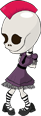 Cartoon skeleton in purple dress and red hat
