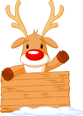 Cartoon reindeer with red nose and party hat behind a fence