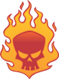A red skull with yellow flames on a red background