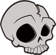 A white cartoon skull with a crack on the right side of its cranium against a dark gray background.