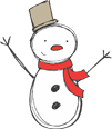 A smiling snowman with a red scarf and top hat against a dark background.