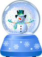 Cartoon snowman in a snow globe with a blue base and snowflakes.