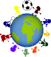 A stylized globe with a soccer ball above it, set against a mosaic of colorful shapes