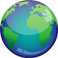 A stylized globe with green continents on a blue background.