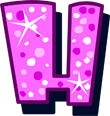 Large pink letter W with white stars and dots