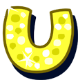 Stylized letter U with polka dots and star