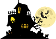 A dark Halloween scene with a house and a full moon.