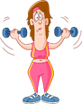 Cartoon woman in pink workout clothes lifting blue dumbbells