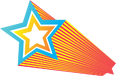 A stylized star with a white center, layered in yellow, blue, and red hues.