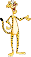 A cartoon cheetah with a big smile and outstretched arm.