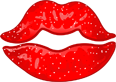 Glossy red lips with white sparkles on a red background