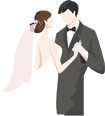 Illustration of a man and woman in formal wear embracing