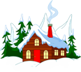 Illustration of a brown cabin with a red door and chimney smoke, surrounded by snow-covered evergreen trees.