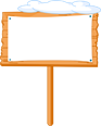 A blank sign with a wooden border and a pole, against a brown background with a blue sky and clouds.