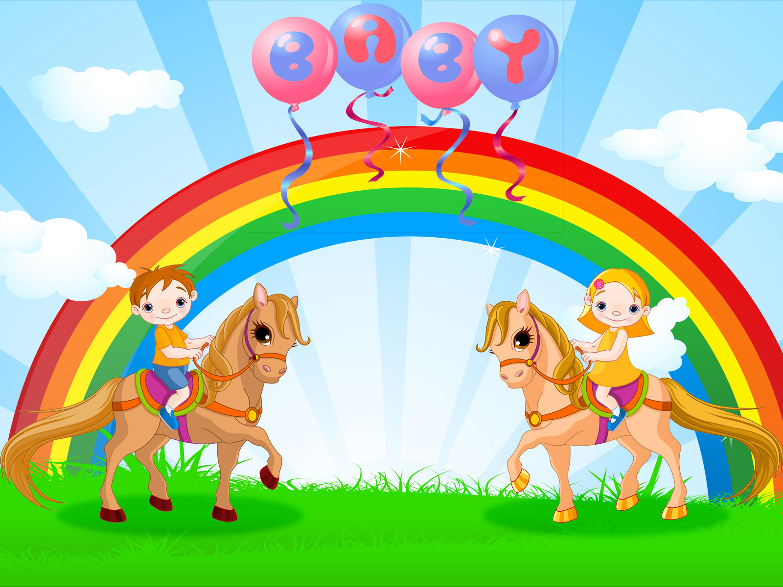 Preview for Kids-riding-horses-under-rainbow-amusement-park-background-384df