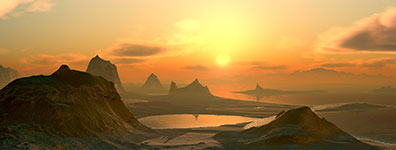 A digital artwork of a peaceful alien landscape with mountains and water at sunset.
