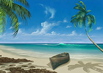 A tropical beach with palm trees and a wooden boat