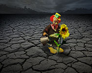 Clown kneeling with sunflower and watering can in a dry landscape