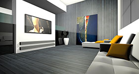 A modern living room with a large TV on the wall and abstract art on the right.
