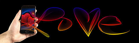 Hand holding smartphone with colorful digital art