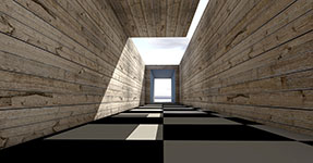 A 3D rendering of a modern hallway with a checkered floor and wooden walls
