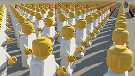 Rows of Lego minifigures with yellow heads and white bodies