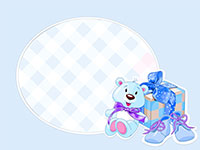 A blue teddy bear with gifts wrapped in blue and purple ribbons