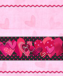 Valentine's Day heart pattern with pink and red hearts on a black background with zigzag borders