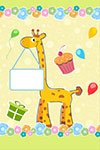 Cartoon giraffe holding a blank sign amidst cupcakes, balloons, and a gift.