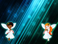 Two cartoon angels with white wings flying in a blue-green background