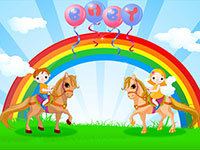 Cartoon image of kids riding horses under a rainbow with balloons