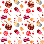 A seamless pattern of cartoon desserts on a white background