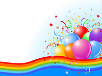 Colorful balloons and confetti on a rainbow background