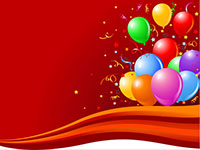 Colorful balloons and streamers on a red background
