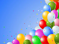 Colorful balloons and confetti floating in a blue sky