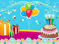 Colorful birthday illustration with cake and balloons