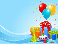 Colorful birthday gifts and balloons with confetti