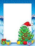 Cartoon Christmas tree with Santa hat and presents
