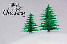 Watercolor Christmas greeting with evergreen trees in snow