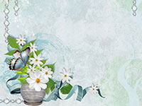 A gray vase with white flowers and a butterfly on a soft, watercolor background
