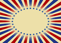 A starburst pattern with red and blue rays and blue stars on a cream background.