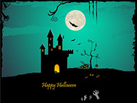 Halloween castle with a full moon and ghostly hand