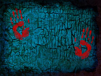 Two red handprints on a blue stone background